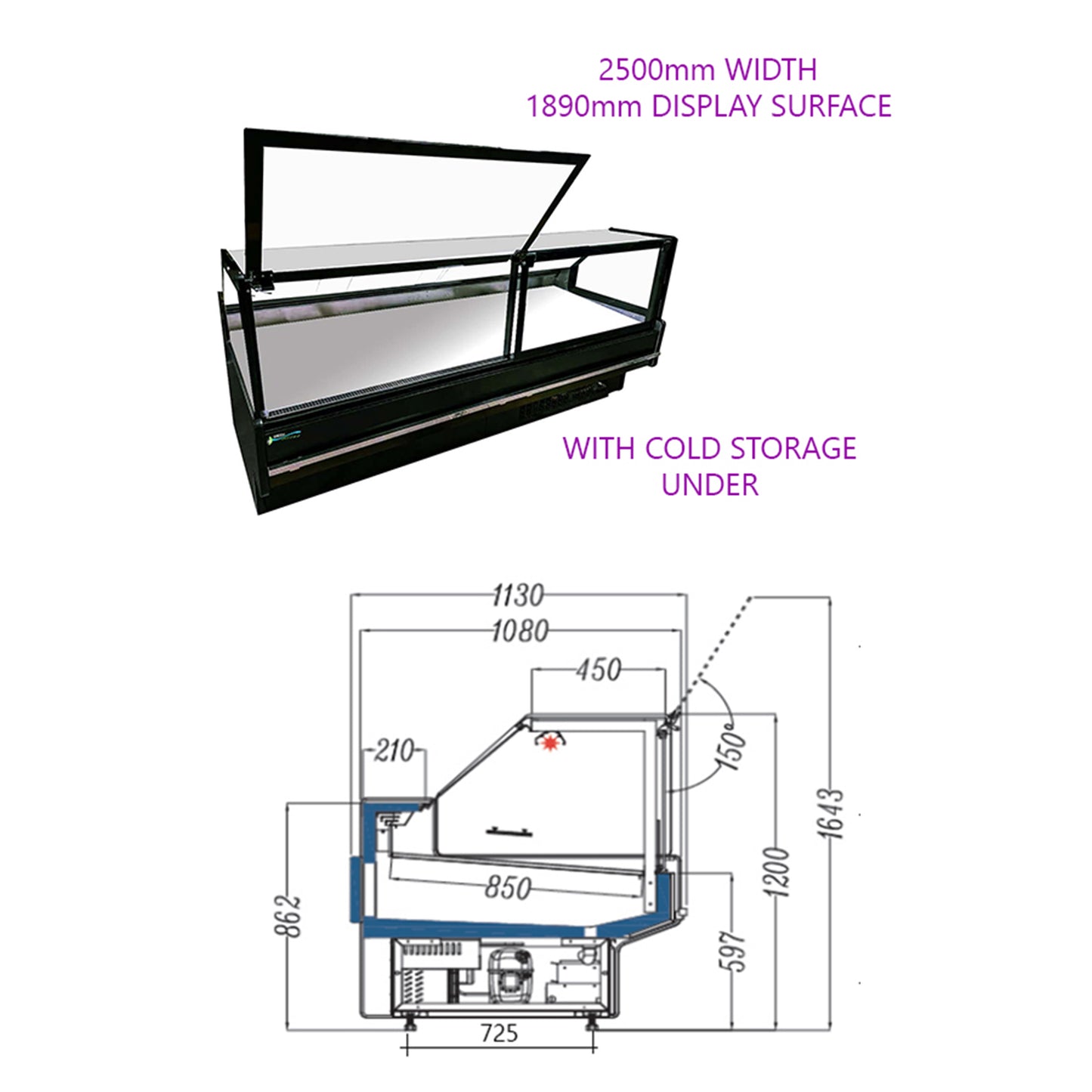 GLTVQT-2.5M - LUXURY MEAT DELI CASE WITH LIFT GLASS