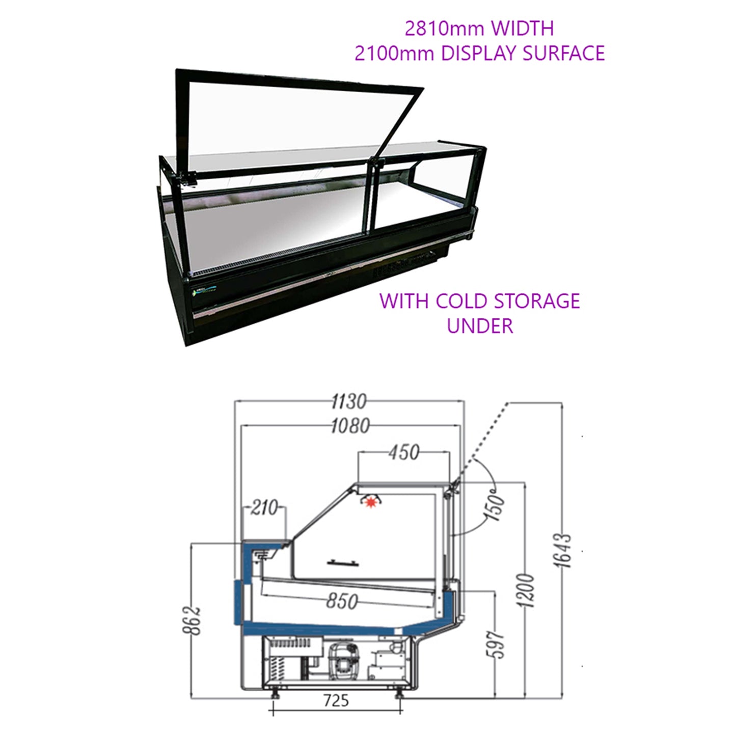 GLTVQT-2.8M - LUXURY  MEAT DELI CASE WITH LIFT GLASS